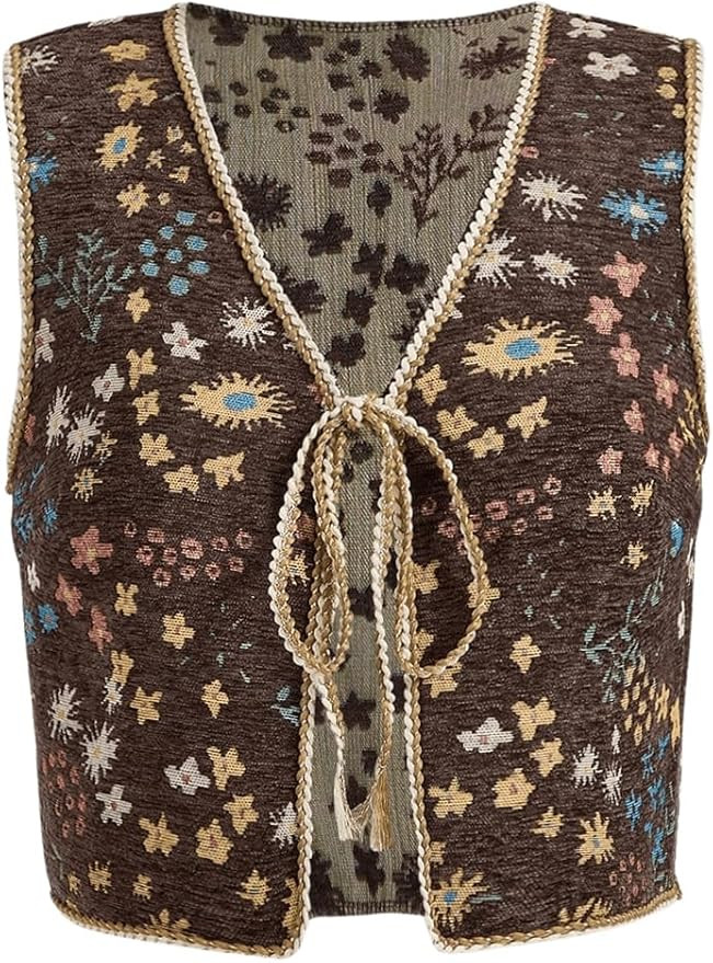 SweatyRocks Women's Floral Print V Neck Vest Tie Front Sleeveless Boho Vests Tops | Amazon (US)
