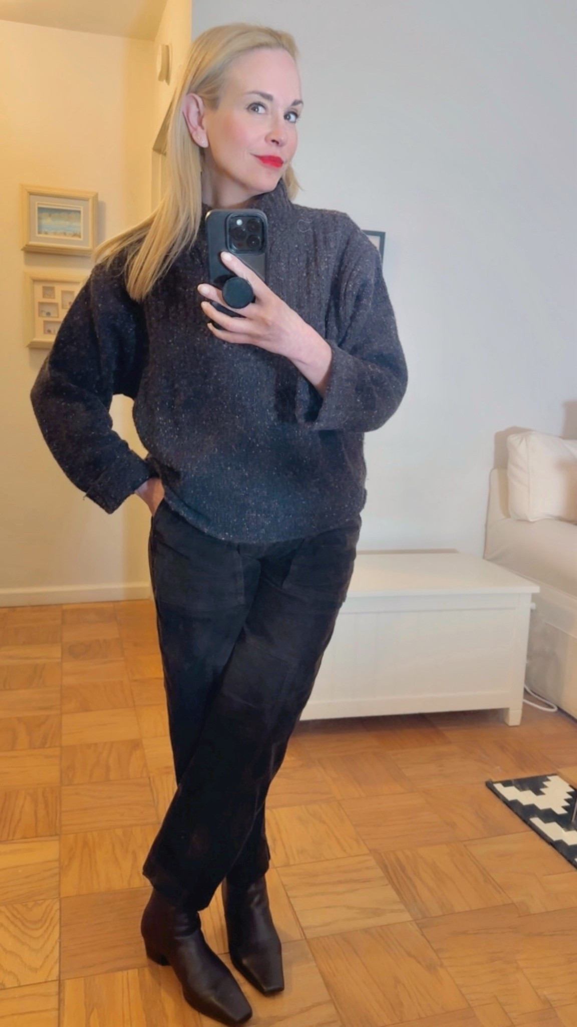 Found two places that have this boot color still in stock. Wearing an xs in the sweater that is on sale for $64. It’s a brownish grey with wire and red flecks of color. Pants are old Banana Republic. 

#LTKPetite #LTKootd #LTKSaleAlert