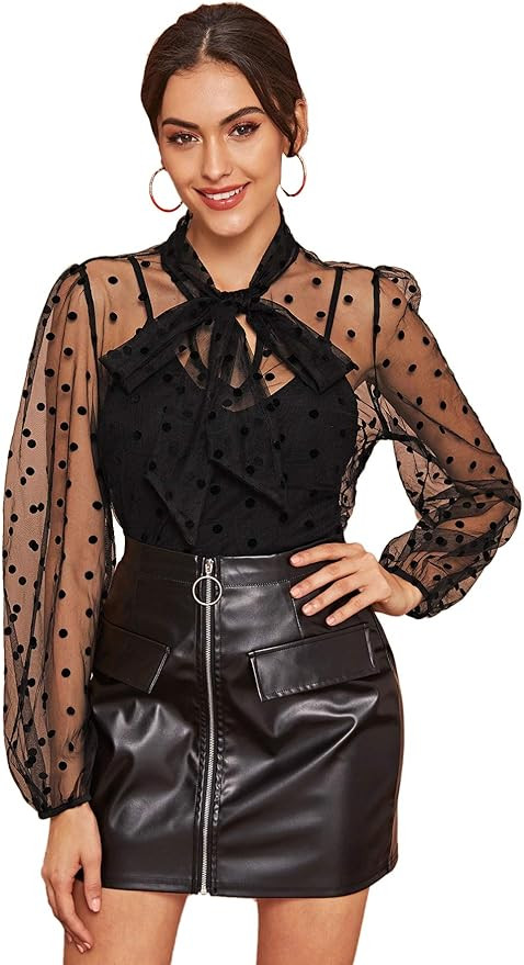 MakeMeChic Women's Elegant Bow Tie Neck Dobby Sheer Mesh Overlay Blouse Tops | Amazon (US)