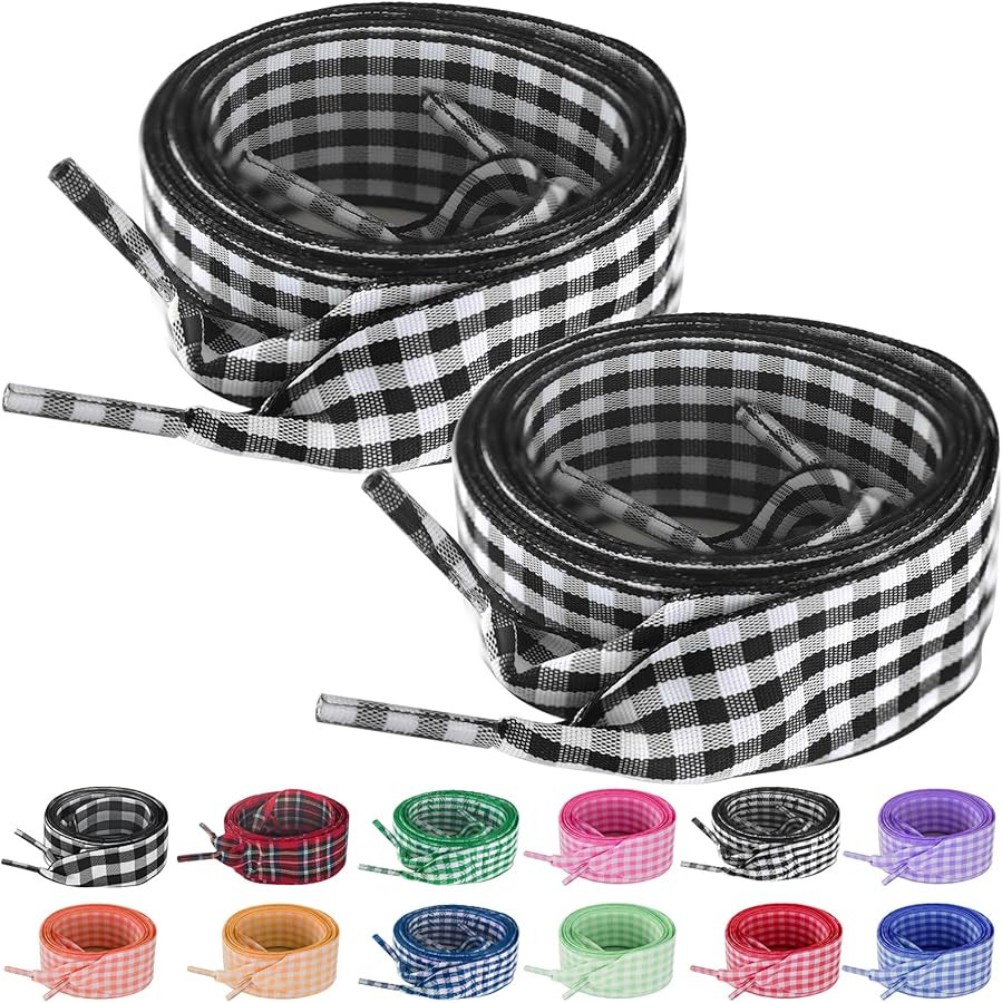 UamGlsob 2 Pairs 25mm Gingham Ribbon Shoelaces, Wide Checkered Plaid Shoe Strings, Cute Replaceme... | Amazon (US)