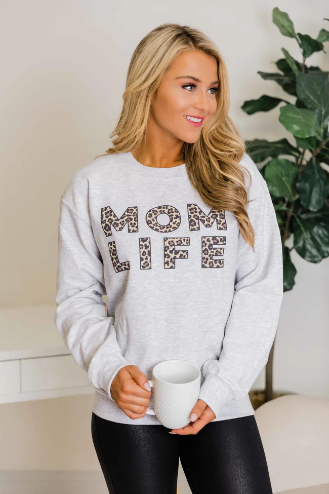 Mom Life Leopard Print Ash Graphic Sweatshirt | The Pink Lily Boutique
