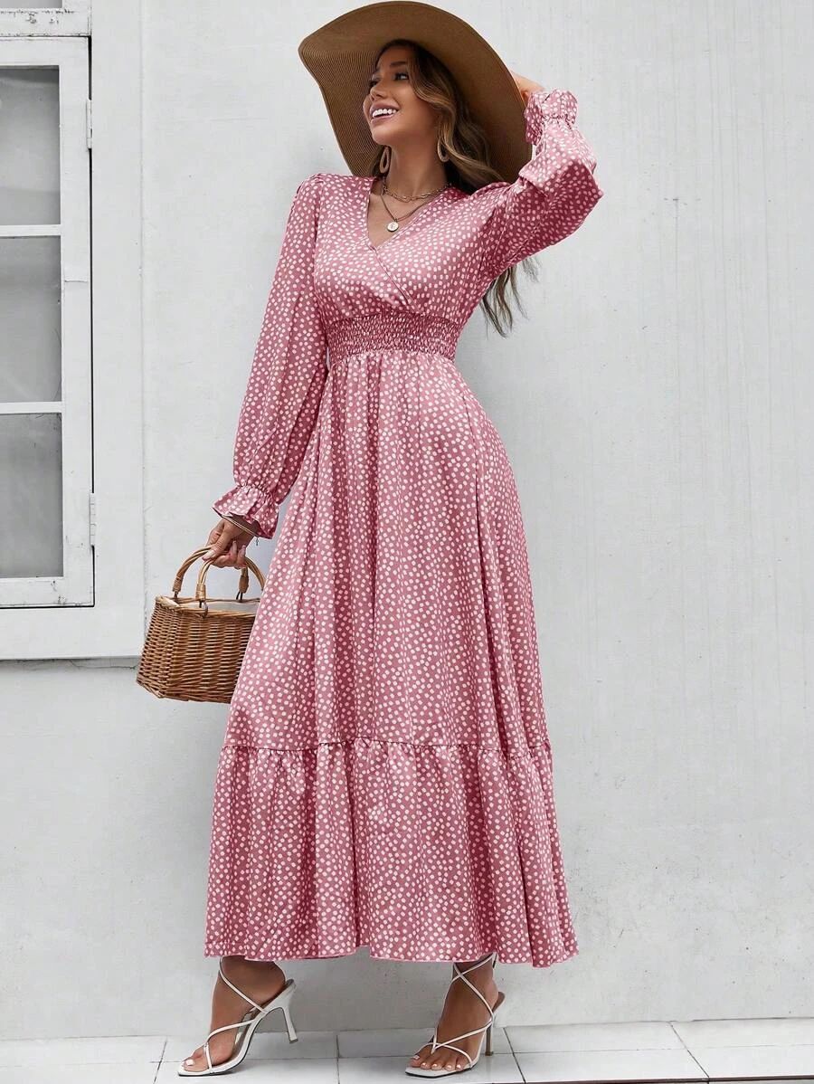 SHEIN VCAY Ditsy Floral Print Flounce Sleeve Ruffle Hem Dress | SHEIN