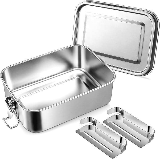 Leonyo 18/10 Stainless Steel 28oz Bento Lunch Box with 2 Dividers | 850ml Metal Steel Sandwich Co... | Amazon (US)