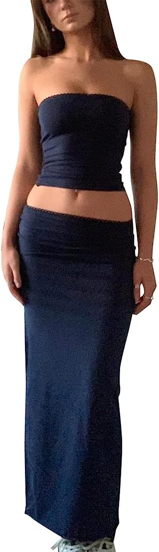 Women Maxi Skirt Set Crop Tube Top Midi Skirt Y2K Solid Long Skirt Dress Sets Bodycon Two Piece S... | Amazon (US)