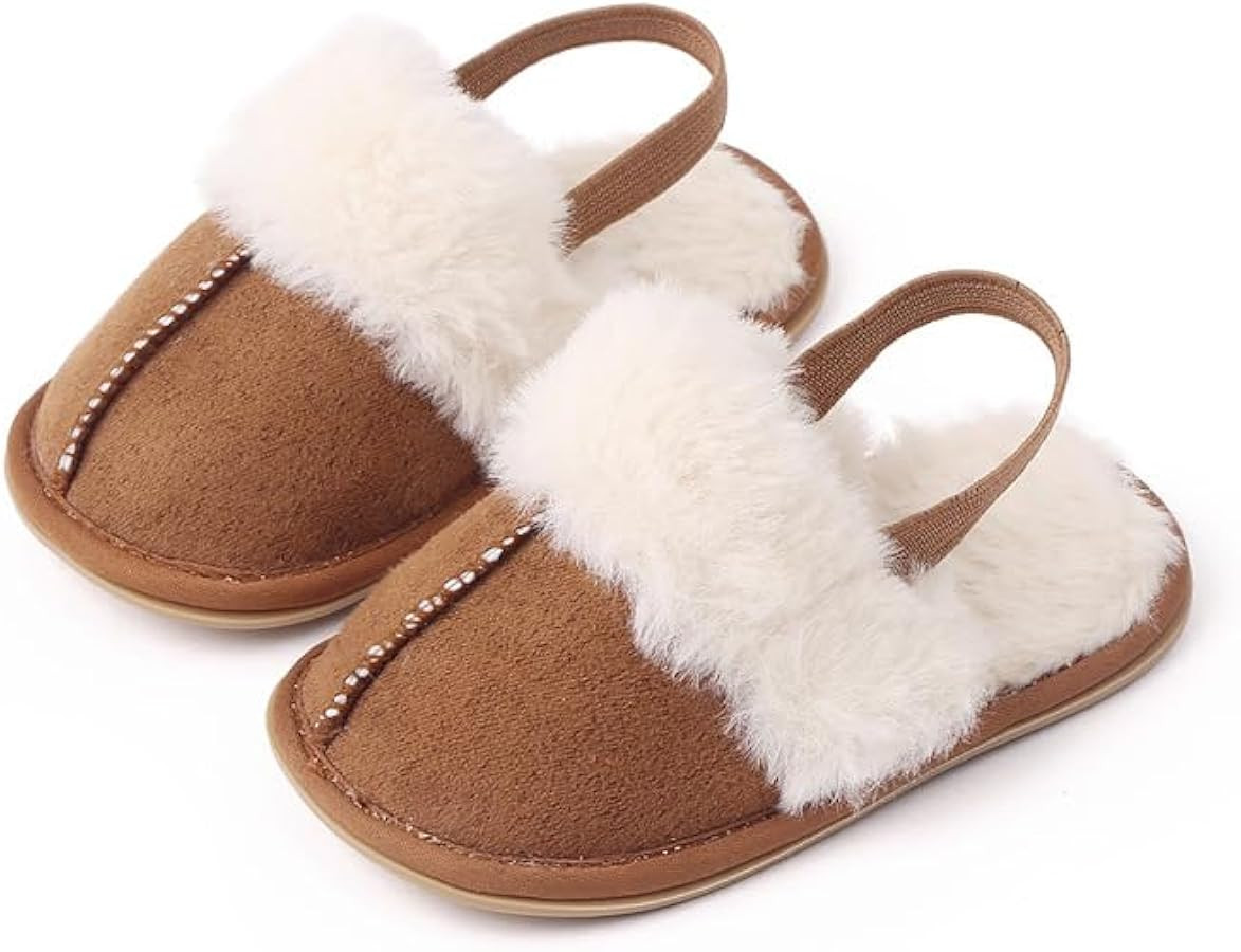 Baby Kids Fluffy Fuzzy Slippers Close Toe House Home Slippers Boys and Girls Faux Fur Slides with... | Amazon (US)