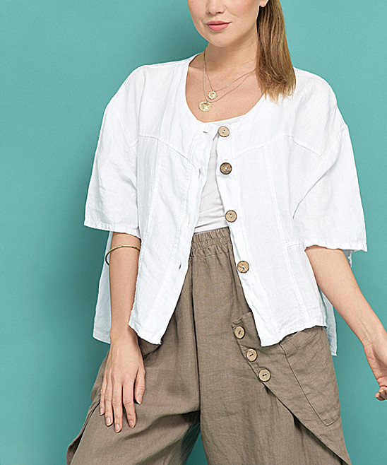 100% LIN BLANC Women's Blouses WHITE - White Auxerre Linen Button-Up - Women | Zulily