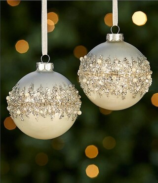 Southern Living Blue Christmas Collection Beaded Band Glass Ball Ornament, Set of 2 | Dillard's | Dillard's