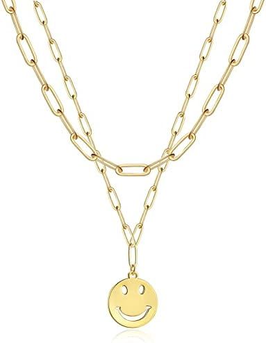 AULSIEY Colorful Smiley Face Necklace 14K Gold Plated Paperclip Necklace Preppy Jewelry Y2K Trend... | Amazon (US)