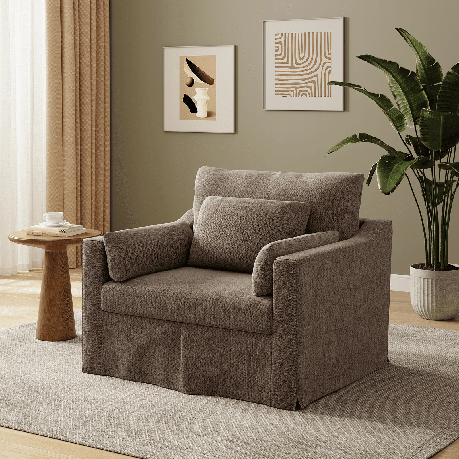 42" Modern Armchair, Coastal Accent Chair, Deep Seat Slicovered Chair, Chenille Fabric, Brown | Walmart (US)