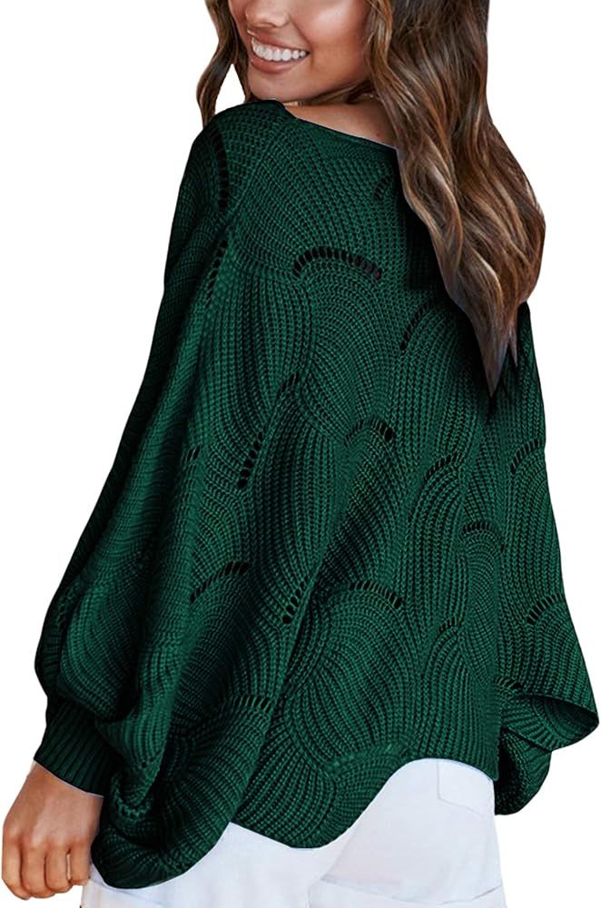 Women Sweater Oversized Lantern Sleeve Jumper Irregular Wave Hem Knitted Pullover Sweaters Casual... | Amazon (US)