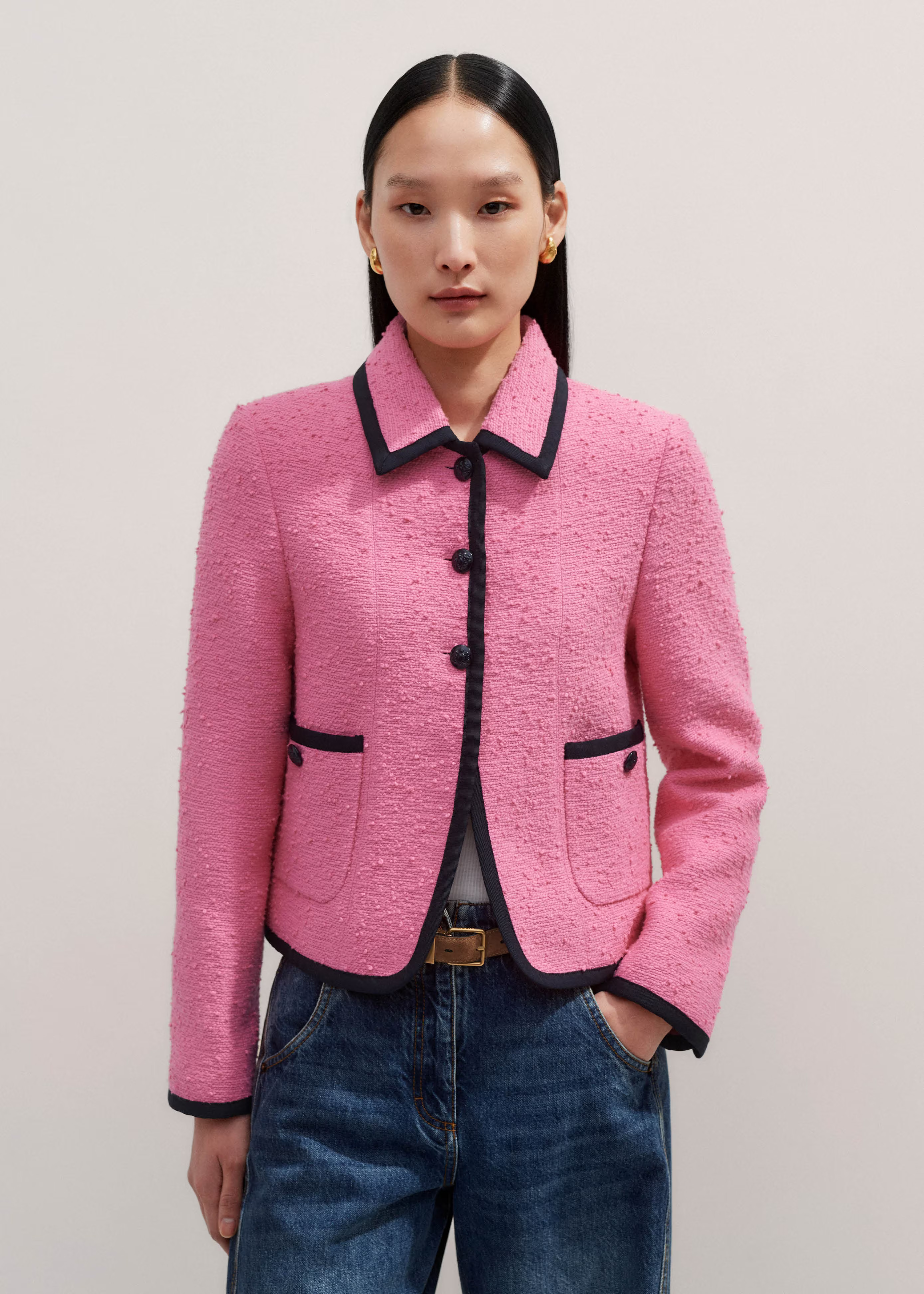 Women's Pink Contrast Bound Crop Jacket | ME+EM | ME+EM US