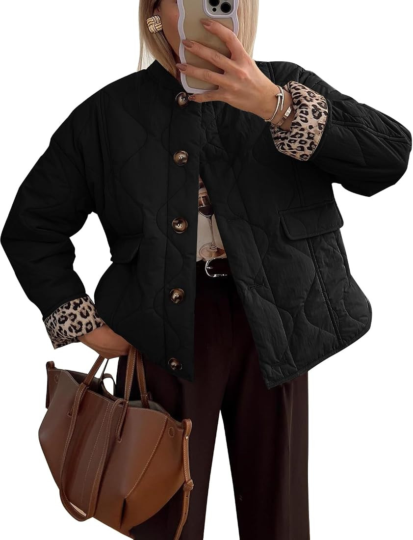 Flygo Women's Casual Quilted Puffer Jacket Leopard Lined Collarless Cropped Button Down Winter Wa... | Amazon (US)