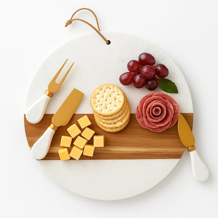 Round Marble & Acacia Wood Cheese Board – 12″ Marble and Wood Cutting Board/Charcuterie Servi... | Amazon (US)
