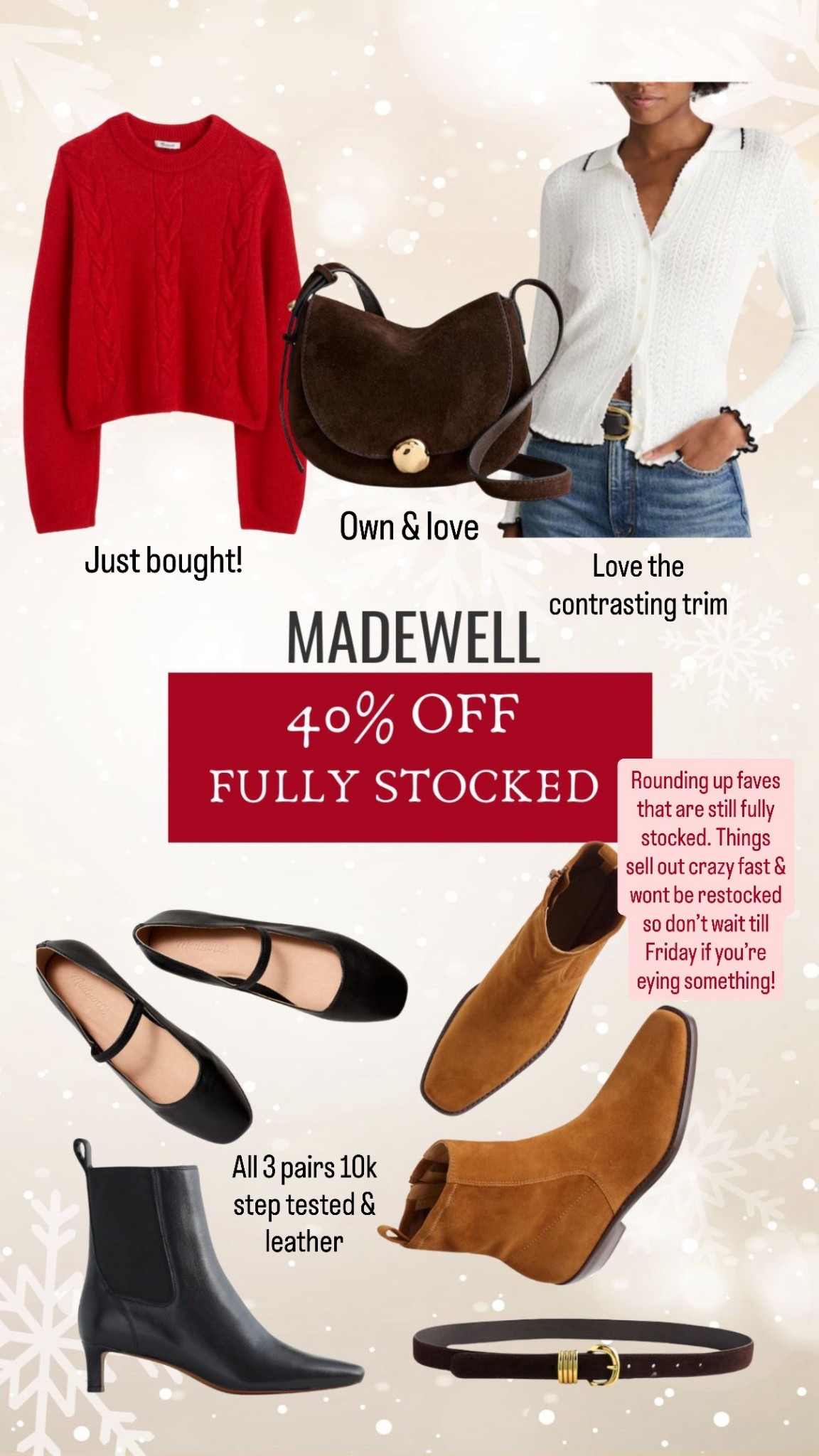 Fully stocked Madewell Black Friday deals on sweaters and shoes. All shoes we own & love and are 10k step tested 


#LTKCyberWeek #LTKSaleAlert #LTKGiftGuide
