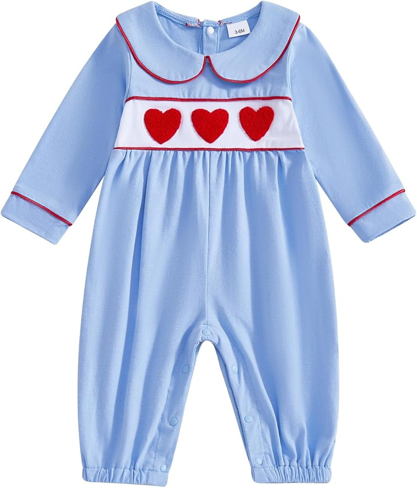 Suolongsama Newborn Baby Boy Valentines Outfit Heart Embroidery Doll Collar Romper Smocked Ruffle... | Amazon (US)