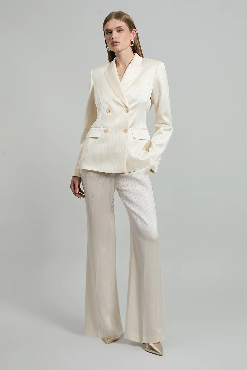 Trousers | Premium Satin Pinstripe Tailored Straight Leg Trouser | KarenMillen | Karen Millen US