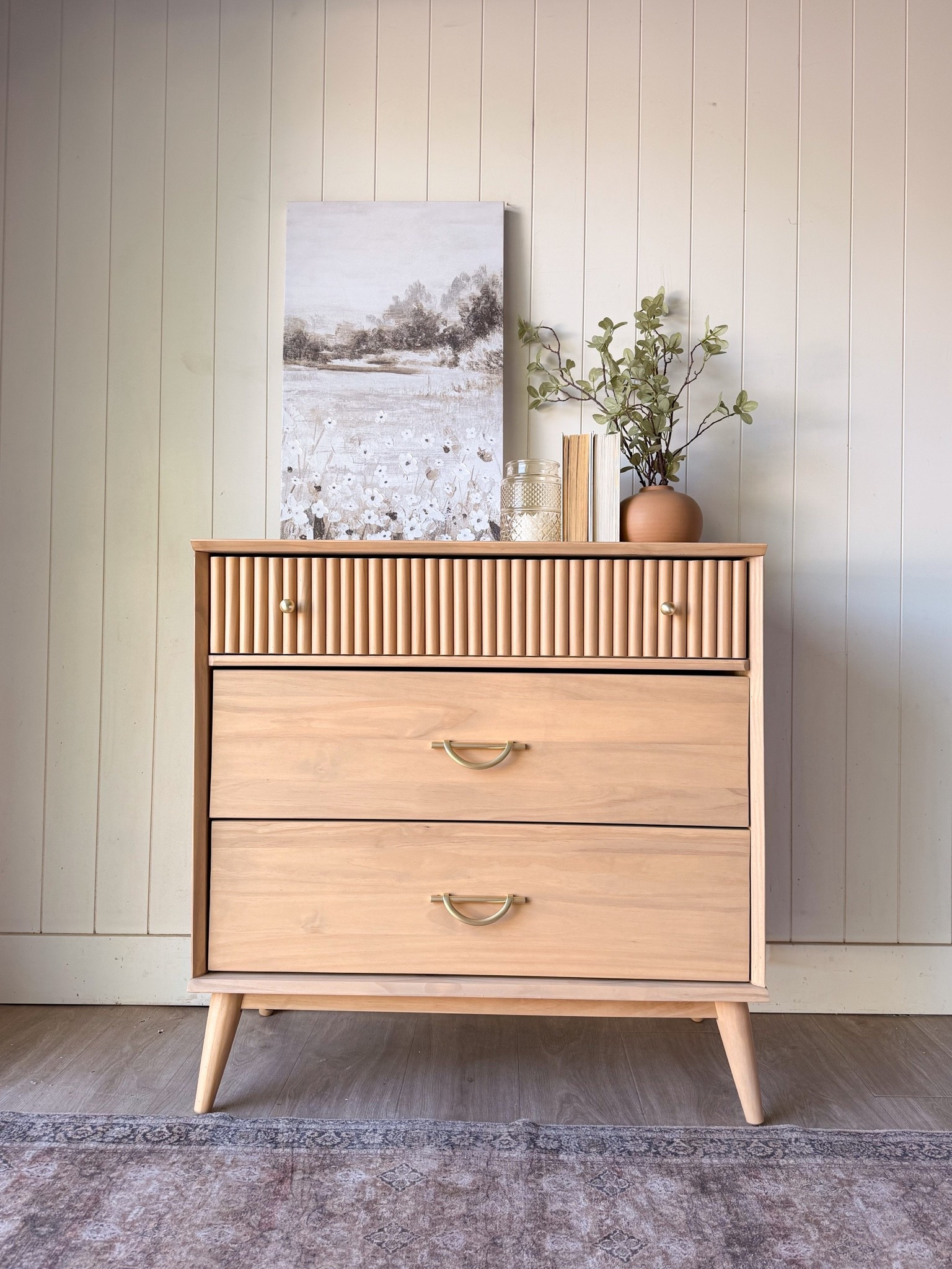 Wood dresser makeover with reeded molding