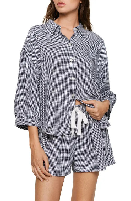 Eberjey Relaxed Tie Waist Linen Blend Shorts in Gingham White/Navy at Nordstrom, Size Small | Nordstrom