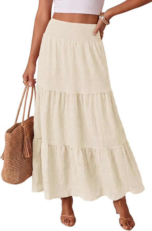 Women's Boho Maxi Skirts 2026 Summer Smocked Tiered A Line Long Flowy Beach Vacation Skirt with P... | Amazon (US)