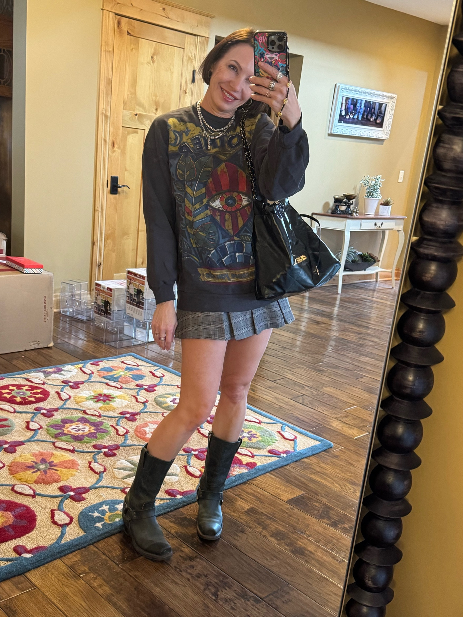 Fall outfit inspo! Love pairing a skirt with an oversized sweatshirt. Mother sweatshirt, Target skirt, Frye boots, Chanel bag, Tiffany&co necklace stack, David yurman hoop earrings. 

#LTKStyleTip #LTKSeasonal #LTKOver40