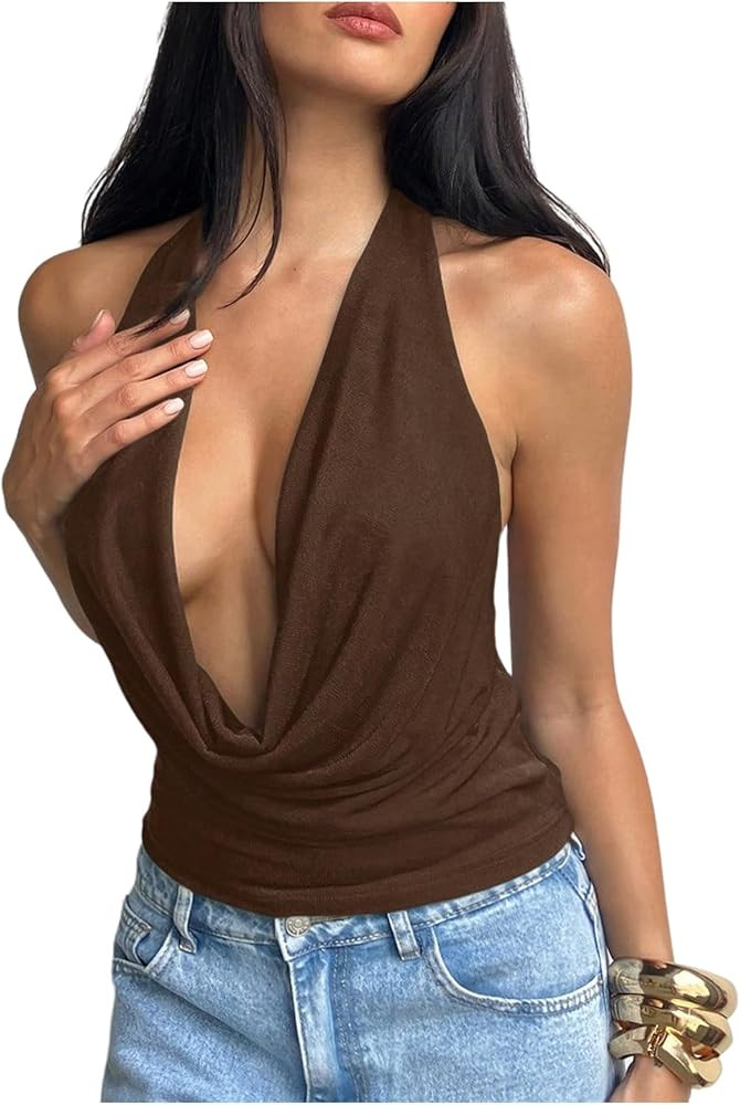 MakeMeChic Women's Going Out Halter Tops Backless Y2k Cowl Neck Tops Rave Outfits | Amazon (US)