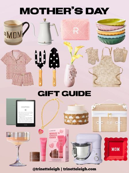 Mother’s Day gift guide. Mom coffee mug. Women’s apron, oven mitt and pot holders. Women’s pj set. Cosmetic bag. Amazon kindle. Woven candle. Women’s jewelry. Mom jewelry dish. Kitchen mixer. Lip mask set. Tea kettle. Woven basket for cosmetics. Aesthetic Glass drinking set. Aesthetic bowls. Outdoor gardening set. Pink vase for flowers.

#LTKhome #LTKSeasonal #LTKGiftGuide
