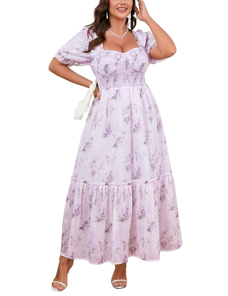 Women's Plus Size Floral Maxi Dress Puff Sleeves Cottagecore Corset Dresses Flowy Smocked Formal ... | Amazon (US)