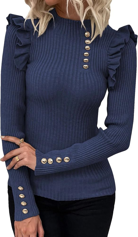 SOLY HUX Women's Ribbed Knit Mock Turtleneck Sweater Ruffle Trim Slim Fit Pullover Tops | Amazon (US)