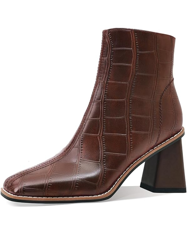Womens Ankle Boots Zipper Chunky Mid Heel Boot Retro Square Pointed Toe Short Boots Heeled Shoes ... | Amazon (US)