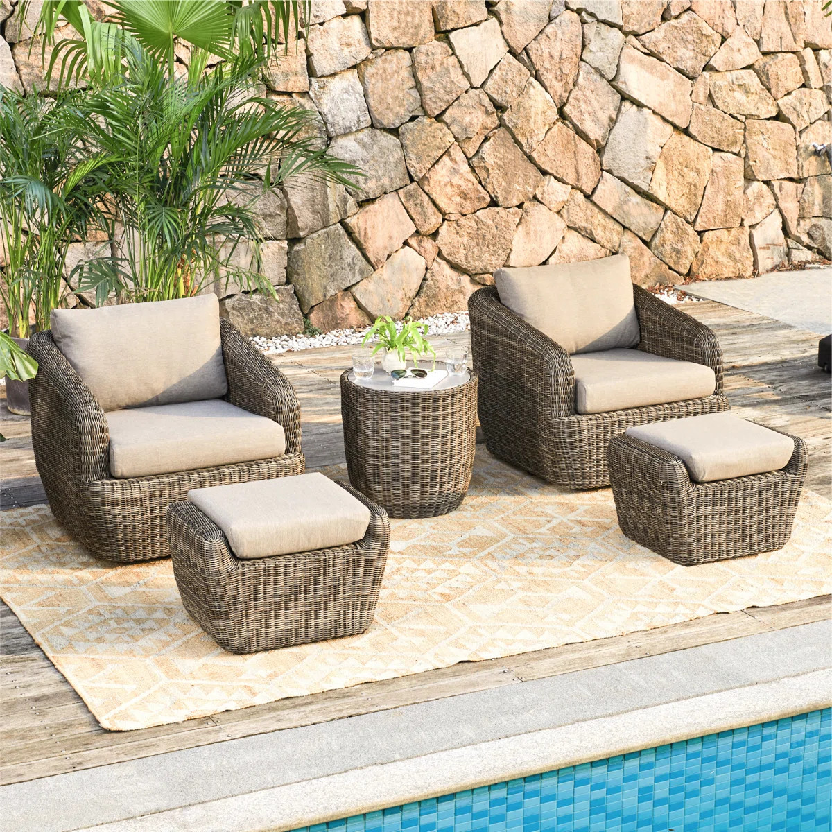 Cambelle 2-Person Outdoor Swivel Rattan Seating Group with Ottomans | Wayfair North America