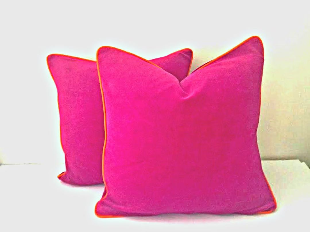 Fuchsia Velvet Pillow Cover, Hot Pink Velvet Cushion Cover with Orange Piping | Etsy (US)
