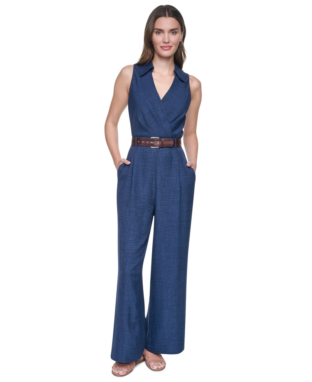 Dkny Women's Collared Sleeveless Belted Jumpsuit - Indigo | Macy's