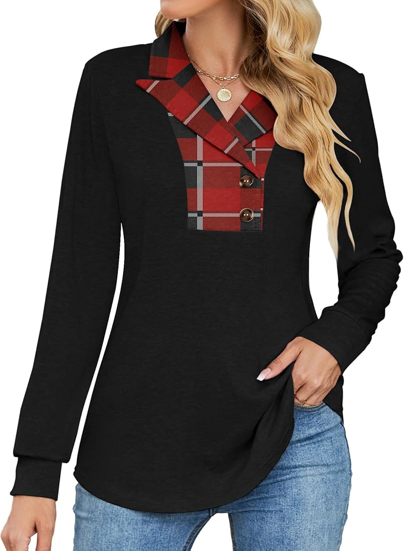 Micoson Women's Long Sleeve Button Lapel Tunic Tops V Neck Business Casual Swing Sweatshirt Pullo... | Amazon (US)