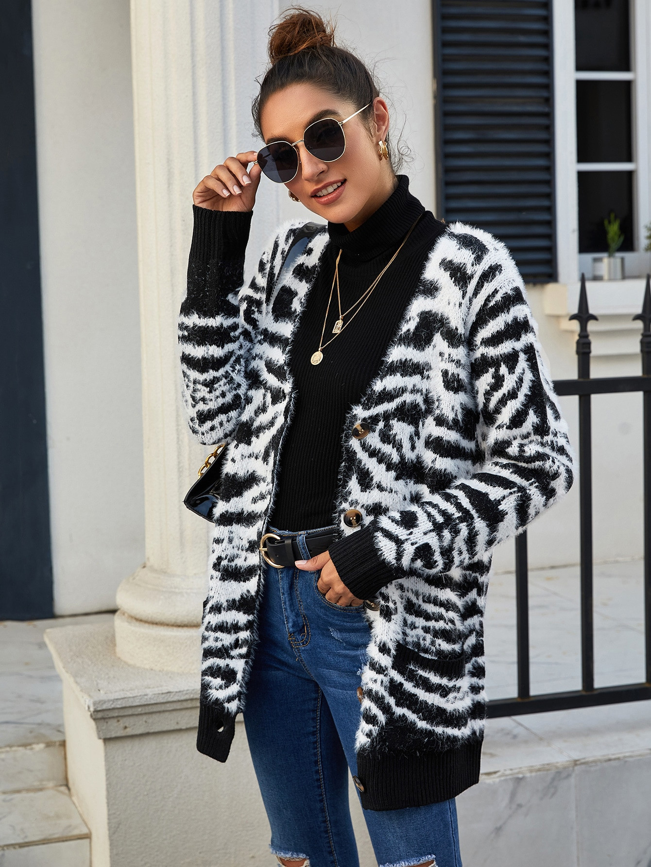 Zebra Striped Fuzzy Knit Cardigan | SHEIN