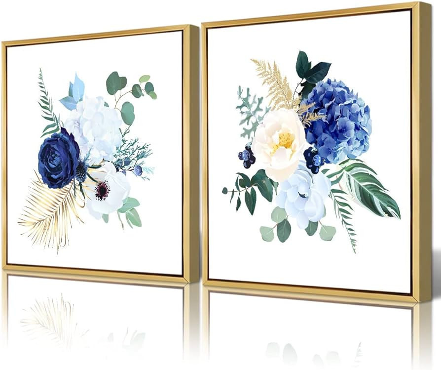 QTESPEII Flowers Canvas Art Wall Decor Blue Hydrangea and Peony Pictures Prints Modern Gold Frame... | Amazon (US)