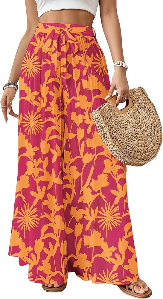 Bsubseach Wide Leg Pants Woman Flowy Floral Palazzo Pants for Women High Waisted Summer Casual Tr... | Amazon (US)