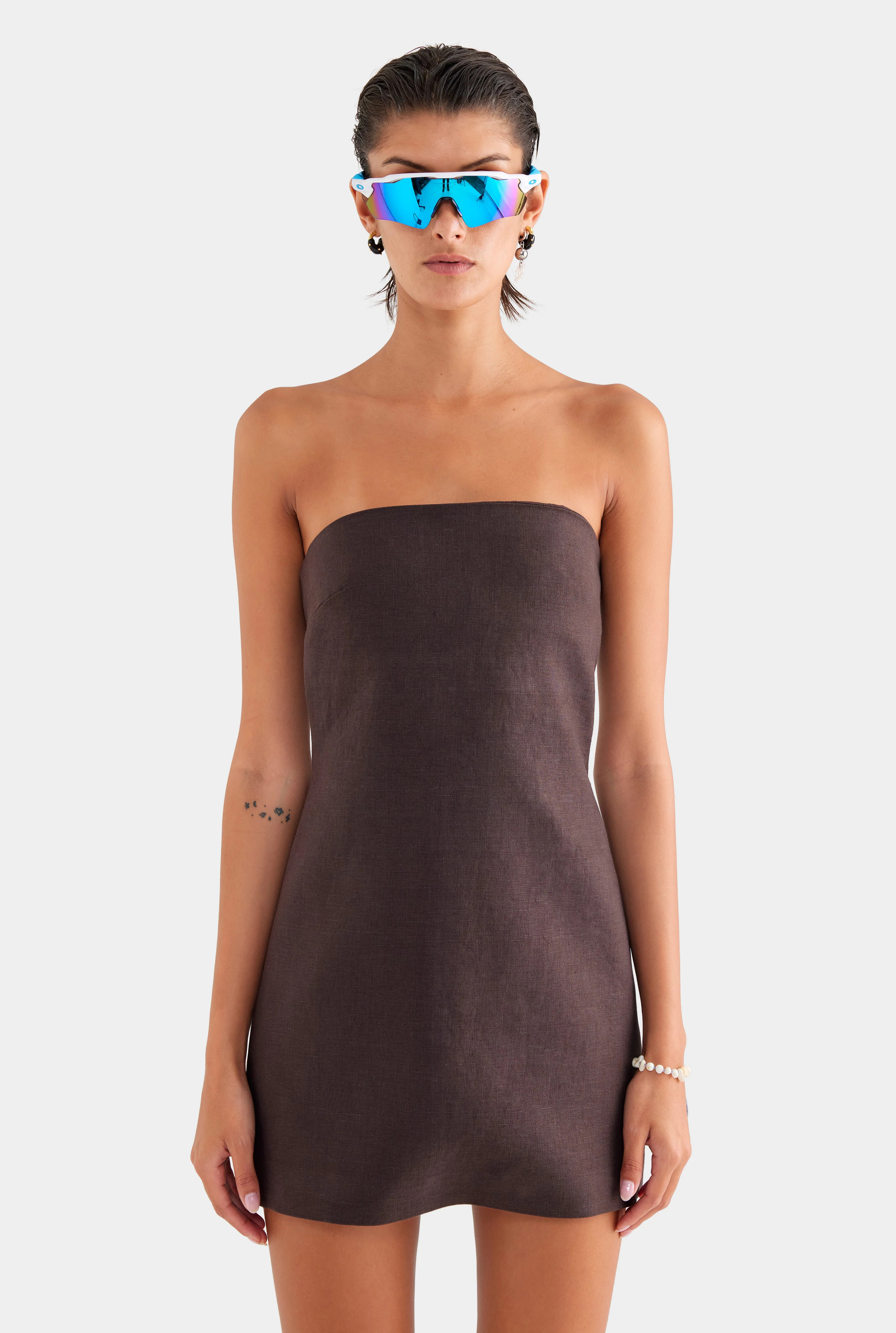 Womens Linen Strapless Mini Dress in Dark Chocolate | Venroy | Venroy AU