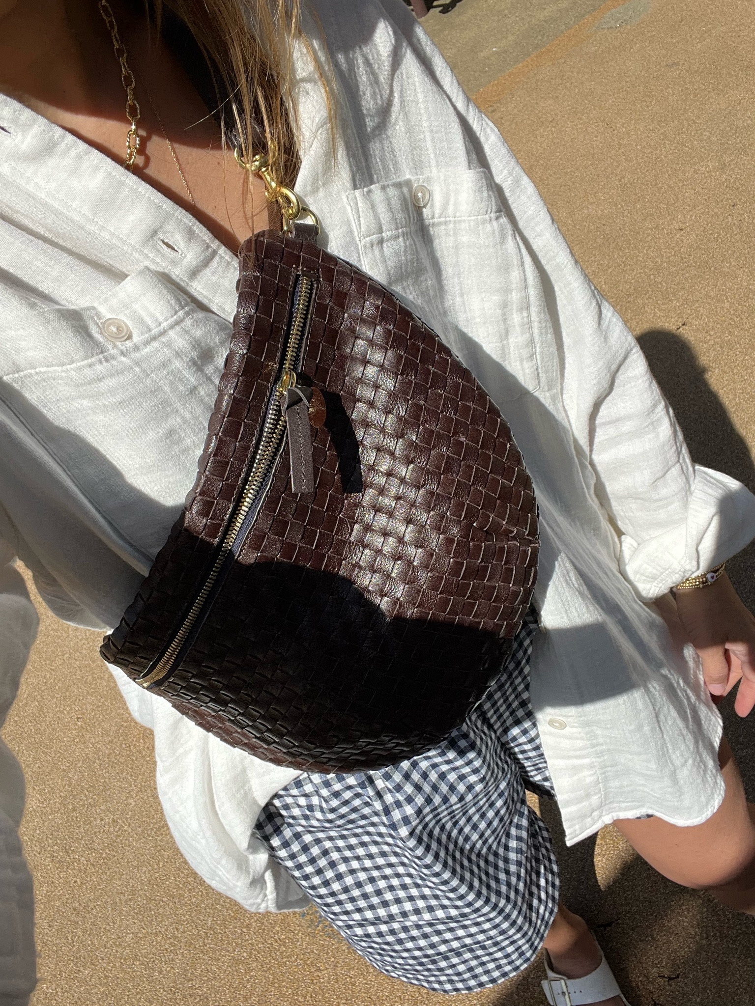 Summer uniform! Sized up to medium in boxers 

Bag is Claire v- got in store in a deep brown color!