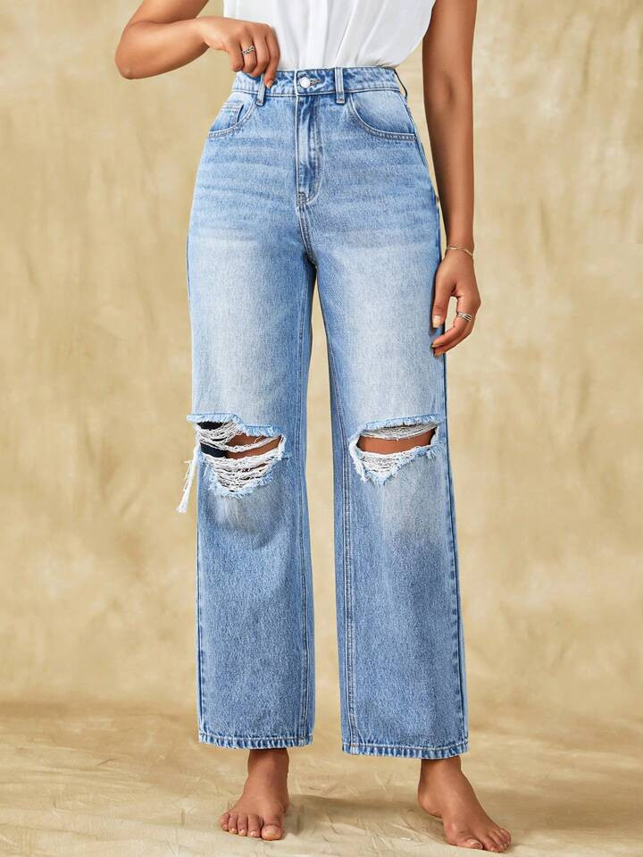 SHEIN Frenchy High Waist Ripped Straight Leg Jeans | SHEIN