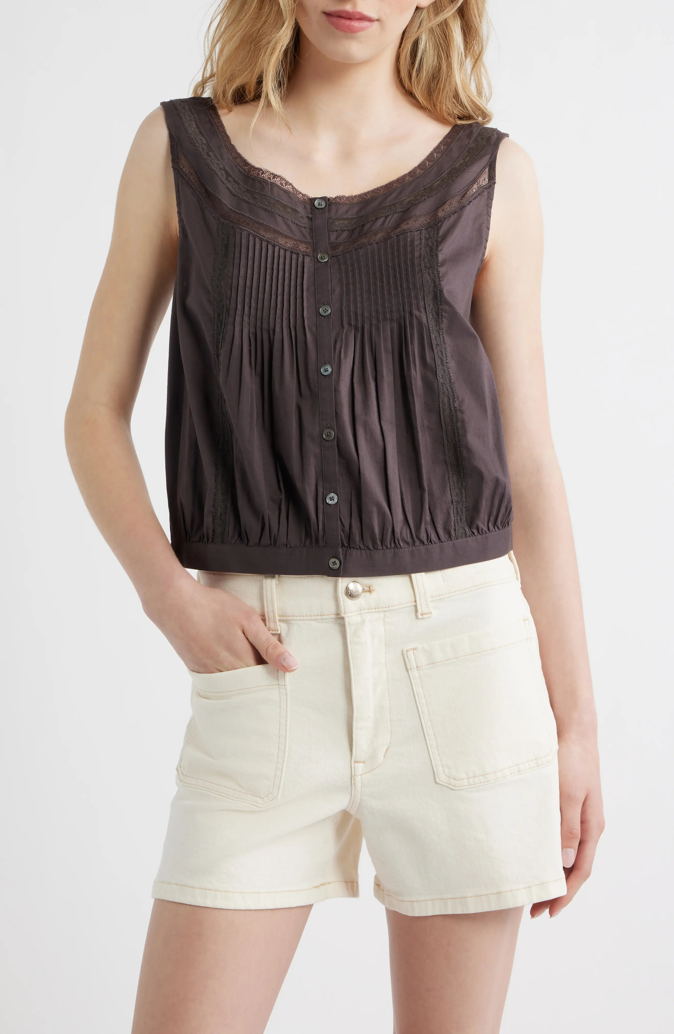 Lace Inset Pintuck Sleeveless Top (Women) | Nordstrom | Nordstrom