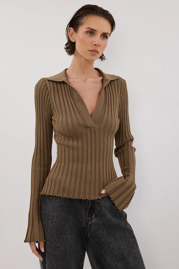 HAL OLIVE POLO LONG SLEEVE KNIT TOP | DISSH