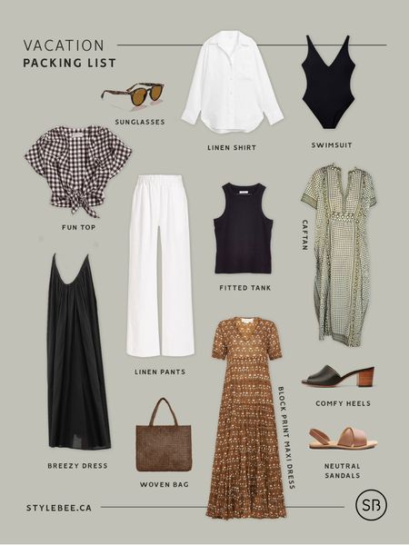 Holiday Packing List - These are 12 Items I always bring on a sunny vacation. 

1 / Sunglasses 2 / Linen shirt 3 / Black One Piece 4 / Fun Top 5 / Wide Leg Linen  pants 6 / Fitted Tanks 7 / Caftan 8 / Breezy Dress 9 / Woven Bag 10 / Block Print Maxi Dress 11 / Comfy Heels 12 / Neutral Sandals 

More on all these picks on the blog! 

#LTKSeasonal #LTKtravel