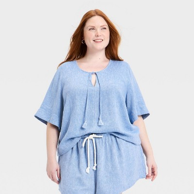 Women's Bell Elbow  Sleeve Keyhole Peasant Top - Universal Thread™ Chambray 1X | Target