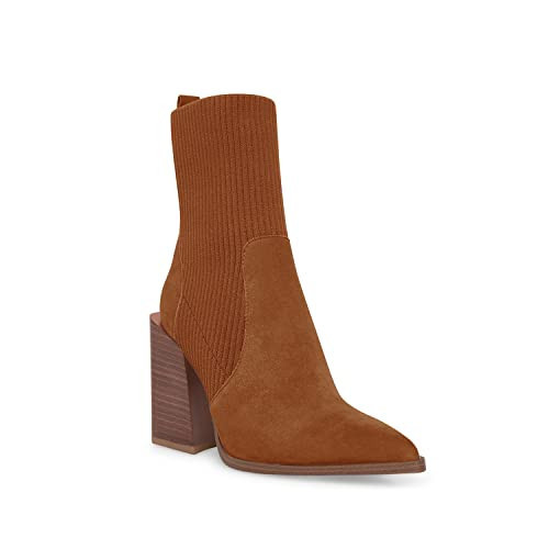 Lvemas Womens Chunky Stacked Heel Ankle Boots Pointed Toe Booties Slip On Ribbed Knit Sock Boot | Amazon (US)