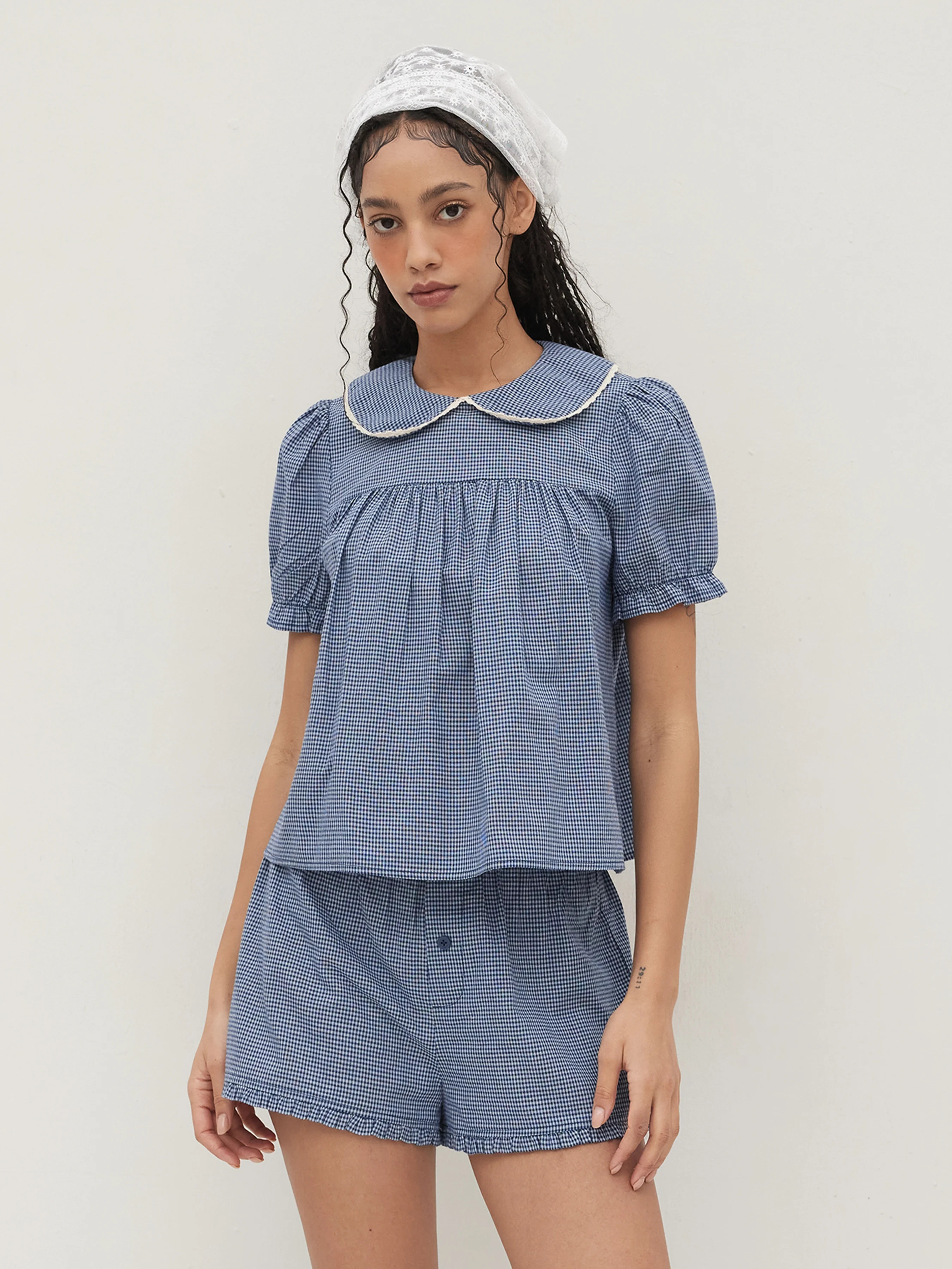 Woven 100% Cotton Gingham Lettuce Trim Top & Low Rise Shorts For Daily Casual | Cider