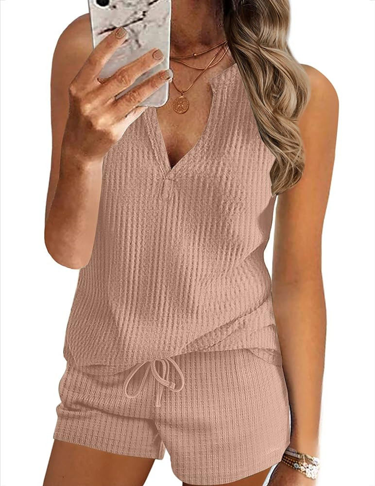 Ekouaer Pajamas Tank Top Lounge Sets Waffle V Neck Sleeveless Outfits Sets Sleepwear Loungewear | Amazon (US)