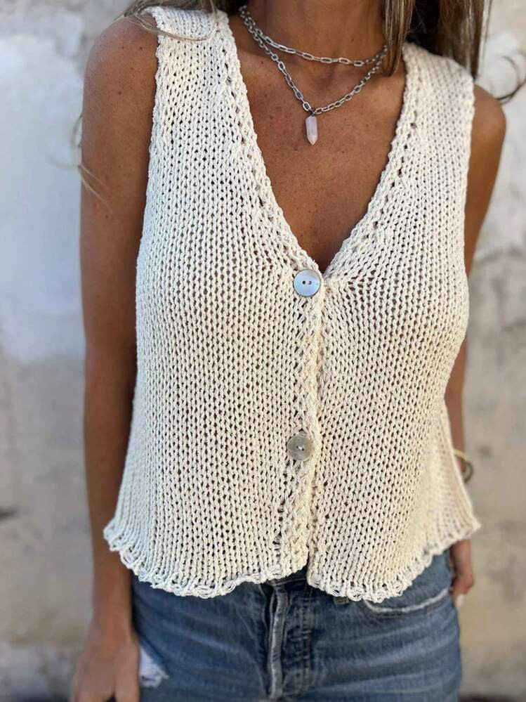 Women's Casual Solid Color V-Neck Button Knit Vest | SHEIN