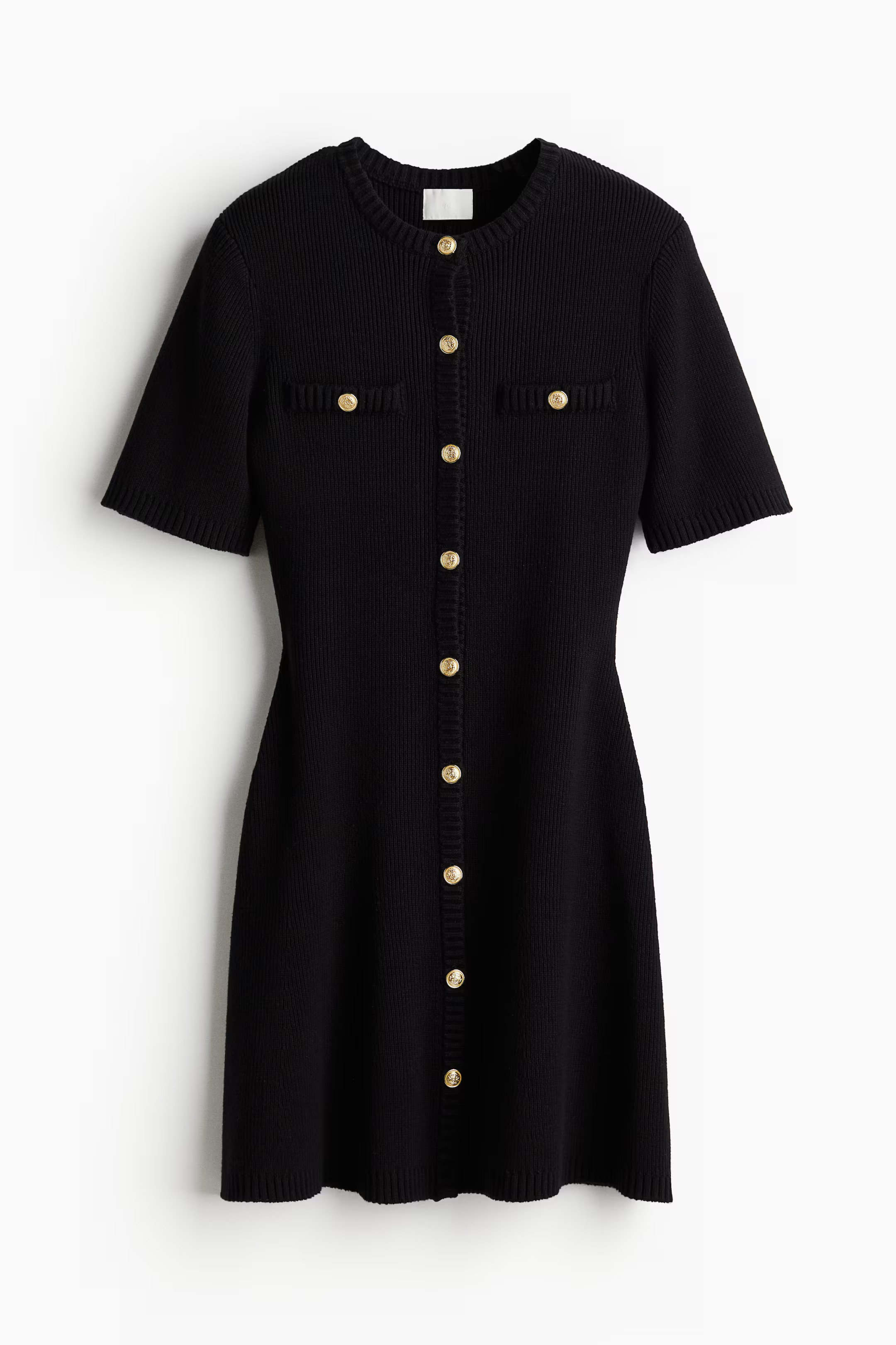 Rib-knit button-front dress - Round neck - Short sleeve - Black - Ladies | H&M GB | H&M (UK, MY, IN, SG, PH, TW, HK)
