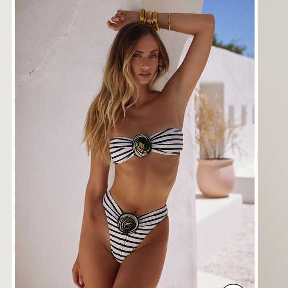 Same swim black & white striped 3d rose rosette bandeau high rise bikini set XS | Poshmark