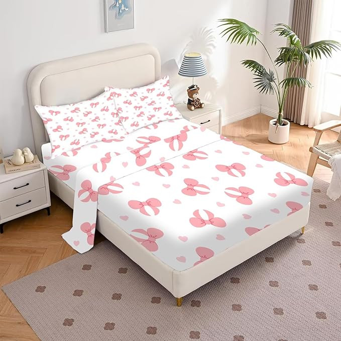 Pink White Bow Sheet Set Twin Size Coquette Bowknot Bedding Set for Girls Women Kids, Aesthetic P... | Amazon (US)